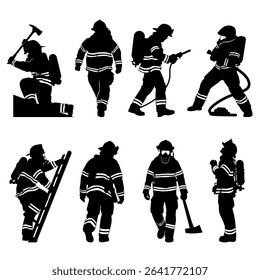 Silhouettes of firefighters in various action poses, equipped with tools and protective gear, representing different emergency response activities.