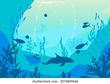 Silhouettes of fish and algae against the backdrop of coral reefs. Underwater sea scene. Azure water, coral reefs, aquatic plants. Beautiful underwater scene. Coral reef and vector seascape.