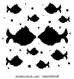 Silhouetten einer Fischherde und zwei große Exemplare in der Mitte. Für Aufkleber, Wanddekore, Fensterverkleidung von Fischläden, Lieferung von Fischgerichten, Konservenfutter. Grafiken der Vektorillustration.