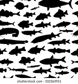 silhouettes of fish isolated on a white background. seamless pattern