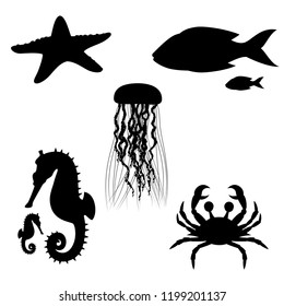 Silhouettes of fish and sea animals isolated black and white. Vector illustration