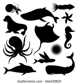 Silhouettes of fish and sea animals isolated black and white vector illustration minimal style