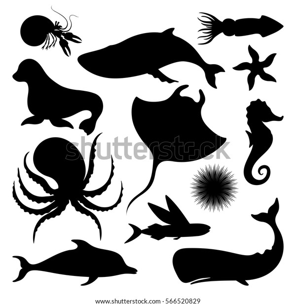 Silhouettes Fish Sea Animals Isolated Black Stock Vector (Royalty Free ...