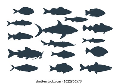 Silhouettes of fish. Seafood icons. Vector illustration.