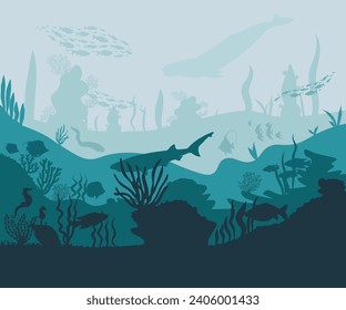 Silhouettes of fish and seaweed against the seabed background. Vector illustration