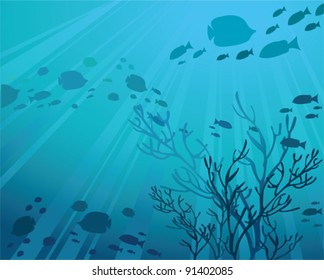 Silhouettes of fish and sun rays in a sea