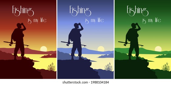 Silhouettes of a fisherman with a fishing rod in his hand, a tourist with a backpack on the mountain against the background of the sun and the river. Solo travel concept. Set of vector postcards.