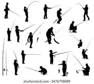 Silhouettes of fisherman with fishing rods. Vector illustration.