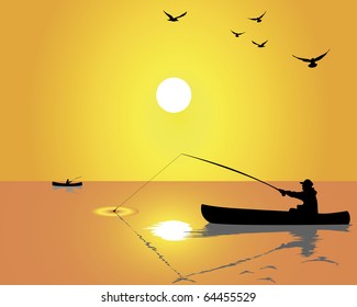 Silhouettes of fishermen from a boat on an orange background