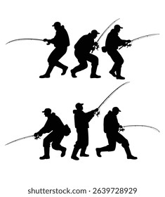 silhouettes of fishermen fishing isolated on white