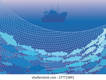 Silhouettes of the fishing trawler, commercial fish and net on the background of the sea.