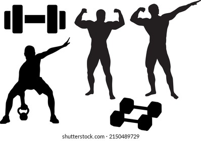 silhouettes of fitness men doing bodybuilding posing with Dumbbells