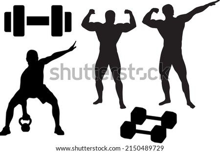 silhouettes of fitness men doing bodybuilding posing with Dumbbells