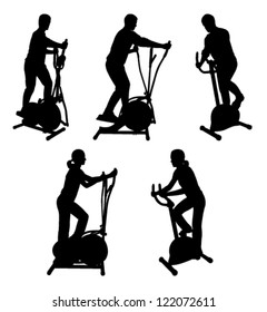 silhouettes of fitness people on gym bike