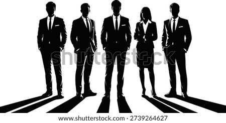 Silhouettes of five business people, showcasing a team of professionals standing confidently with their elongated shadows.