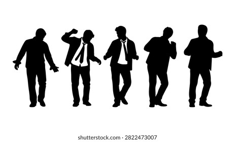 Silhouettes of five business professionals engaged in conversation, walking confidently, dressed in formal attire, representing teamwork and professionalism.