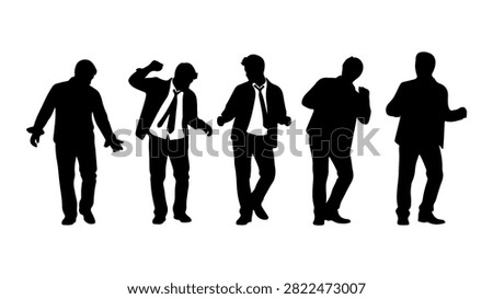 Silhouettes of five business professionals engaged in conversation, walking confidently, dressed in formal attire, representing teamwork and professionalism.