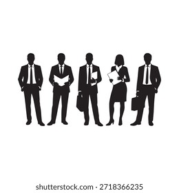 Silhouettes of five business professionals standing in a row business attire