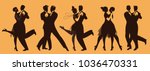 Silhouettes of five couples wearing clothes in the style of the twenties dancing retro music