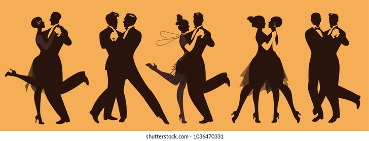 Silhouettes of five couples wearing clothes in the style of the twenties dancing retro music