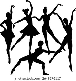 Silhouettes of five dancers in various ballet and modern dance poses against a white background. The dancers are depicted in black, showcasing their graceful movements and artistic expressions.