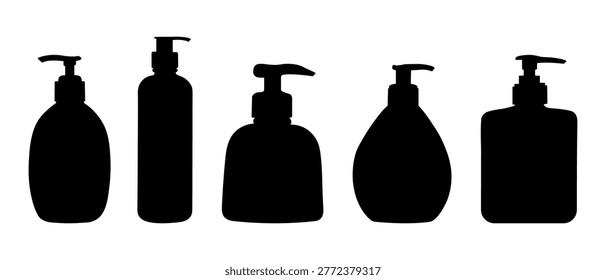 Silhouettes of five different soap dispenser bottles with pump bottle, hand wash