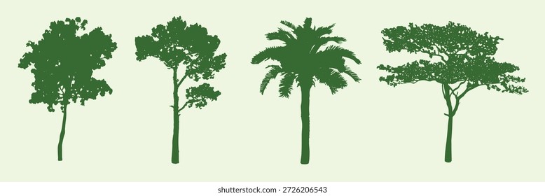 Siluetas de cinco Formas de árbol diferentes en marrón sobre un fondo beige. Las siluetas de los árboles varían en tamaño y forma, mostrando diversas Formas y contornos de árboles. Ilustraciones de Naturaleza, Vectores aislados.