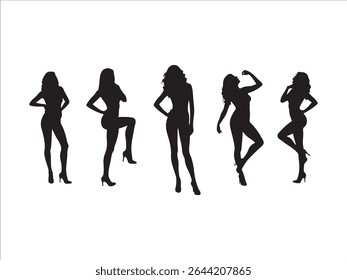 Silhouettes of five elegant women posing in stylish and sensual attitudes on white background