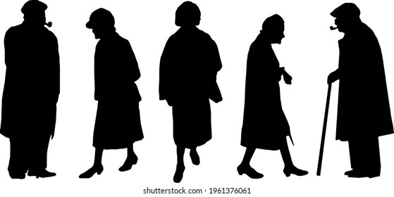 Silhouettes of five old people, men and women in coats.