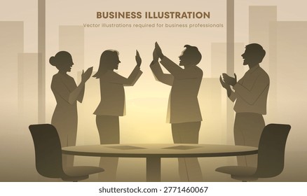 Silhouettes of five people raise hands in celebration. Warm light glows behind them, emphasizing joy. They sit around a round table, clapping together. Office buildings stand tall in the background