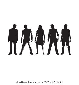 Silhouettes of five people standing in a row dark and mysterious