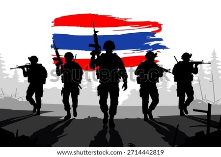 Silhouettes of five Thai soldiers marching in a battle-like forest scene, set against the Thailand flag. A powerful vector illustration for military, patriotism, and national security themes.