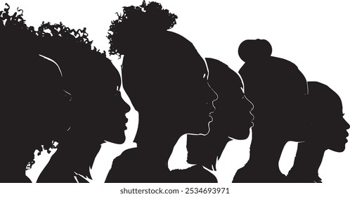 Silhouettes of five women shown in profile, each with unique hairstyles, symbolizing individuality, diversity, and cultural expression.