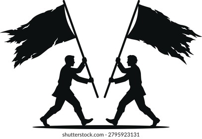 Silhouettes of Flag Bearers Depicting Confrontation and Symmetry

