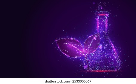 The silhouettes of flask chemical are made of luminous multicolored dots resembling stars. Bright particles create a effect, symbolizing the interconnectedness and wonders of biological life.