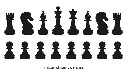 Silhouettes of flat chess pieces isolated on the white background. Set including the king, queen, bishop, knight, rook and pawns.