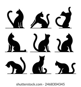 silhouettes of Flat design Cat, each in different poses,