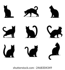 silhouettes of Flat design Cat, each in different poses,