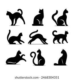 silhouettes of Flat design Cat, each in different poses,