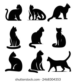 silhouettes of Flat design Cat, each in different poses,