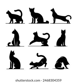 silhouettes of Flat design Cat, each in different poses,