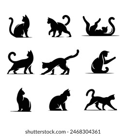 Siluetas de gato de diseño plano, cada uno en diferentes poses,