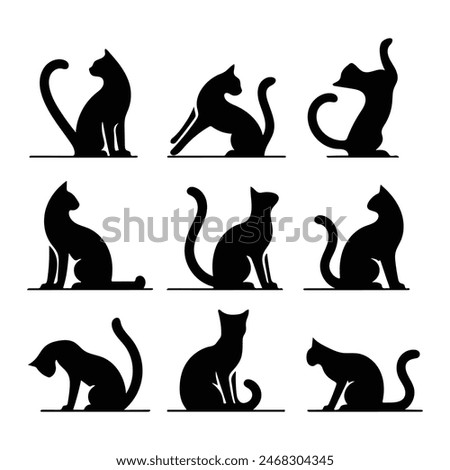 silhouettes of Flat design Cat, each in different poses,