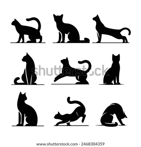 silhouettes of Flat design Cat, each in different poses,