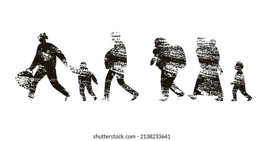  Silhouettes Of Fleeing People. Black And White Textured Vector Illustration