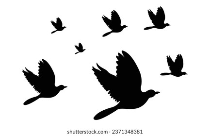 Silhouettes of flocks of birds flying freely in the sky