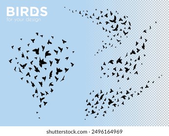 Silhouettes of flocks of flying birds. Isolated vector pigeons outline