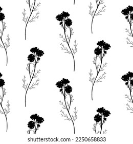 Silhouettes Floral chamomile blossom seamless pattern. Field daisy vector texture. Blooming botanical motifs scattered random. Ditsy print. Hand drawn artistic wild meadow flowers on white background