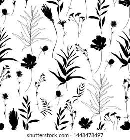 Silhouettes floral seamless pattern. Trendy blossom monochrome vector texture. Blooming botanical motifs scattered random. Fashion, ditsy print. Hand drawn wild meadow flowers on white background