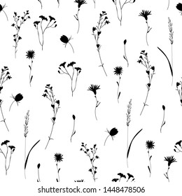 Silhouettes floral seamless pattern. Trendy blossom monochrome vector texture. Blooming botanical motifs scattered random. Fashion, ditsy print. Hand drawn wild meadow flowers on white background